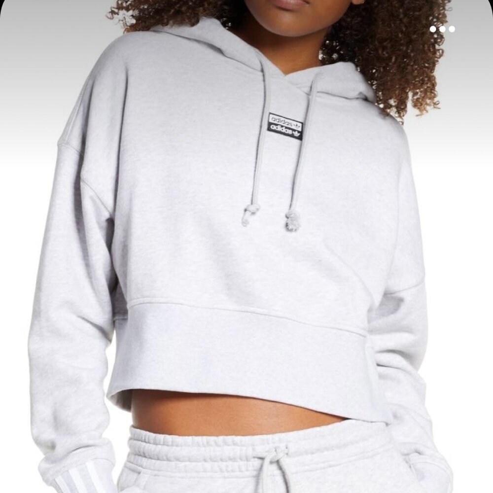 adidas (S) Originals Vocal Cropped Hooded Sweatshirt Grey Logo Stripes Cotton